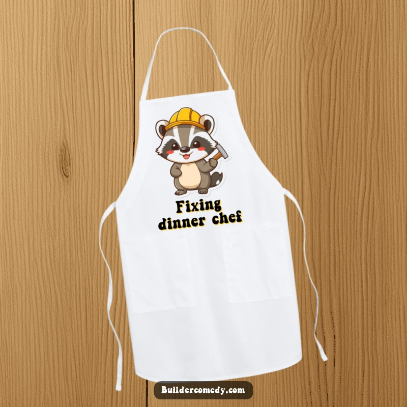 Funny cheerful badger wearing a tiny hard hat, hammering a nail, a protective and humorous apron for work.