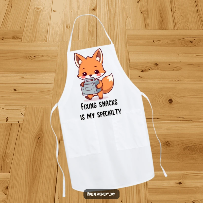 Funny fox character with a tiny, oversized toolbox on a kitchen apron, ready for cooking and baking fun.