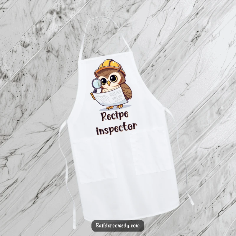 Funny owl with construction helmet and magnifying glass examining blueprints, apron.