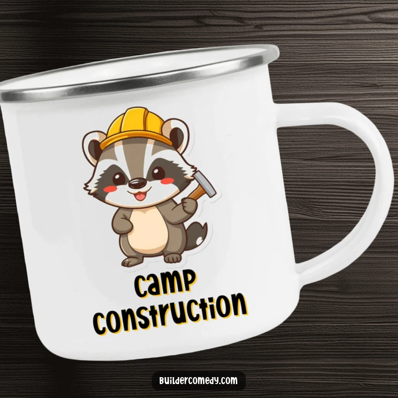 Funny cheerful badger wearing a tiny hard hat, hammering a nail, a sturdy camping mug for outdoor projects.