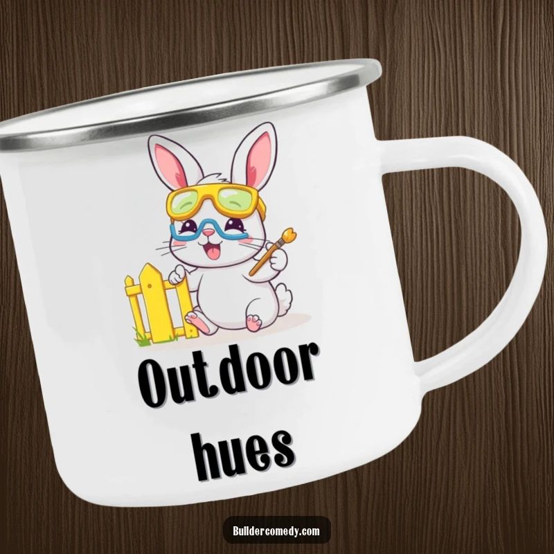 Funny bunny painting a fence, wearing goggles, durable camping mug.