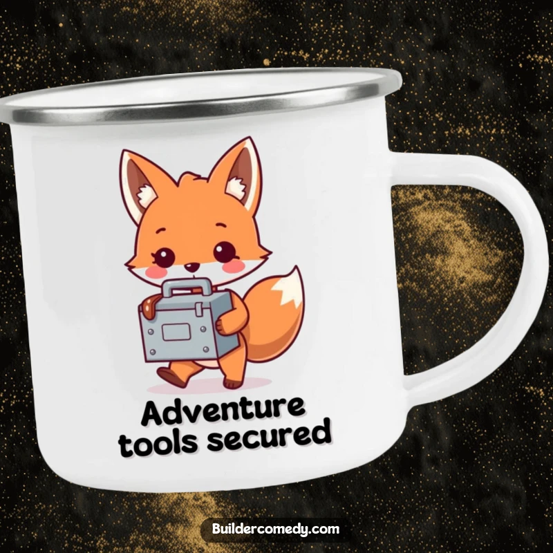 Funny fox character with a tiny, oversized toolbox on a rugged camping mug, perfect for outdoor adventures.
