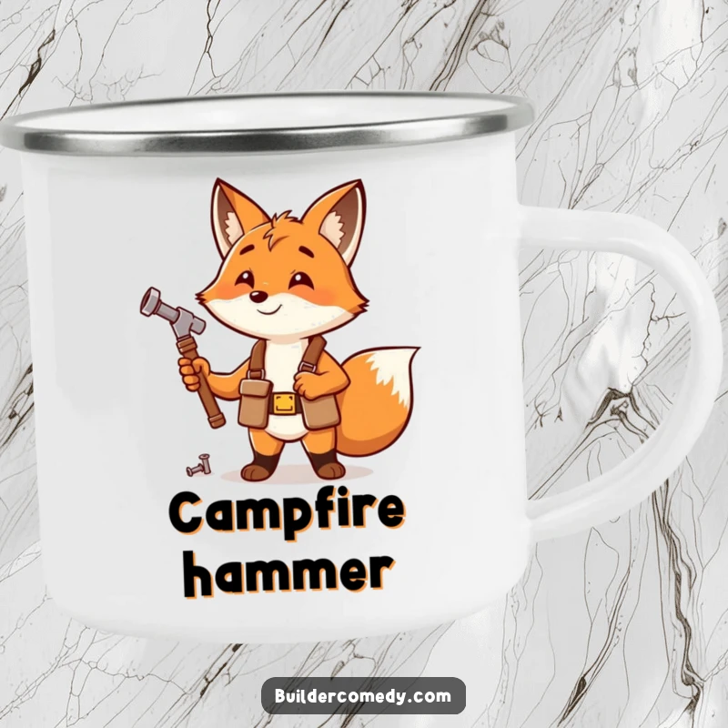 Enthusiastic fox hammering a nail, wearing a tool belt, suitable for camping mug.