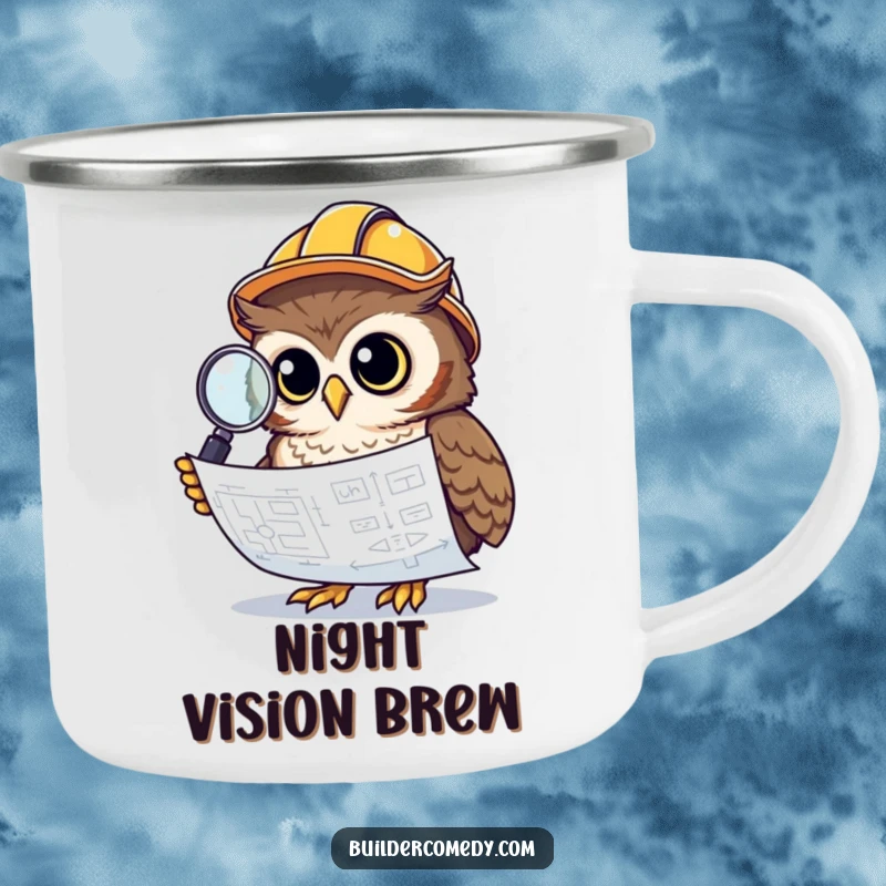 Curious owl with construction helmet and magnifying glass, suitable for camping mug.