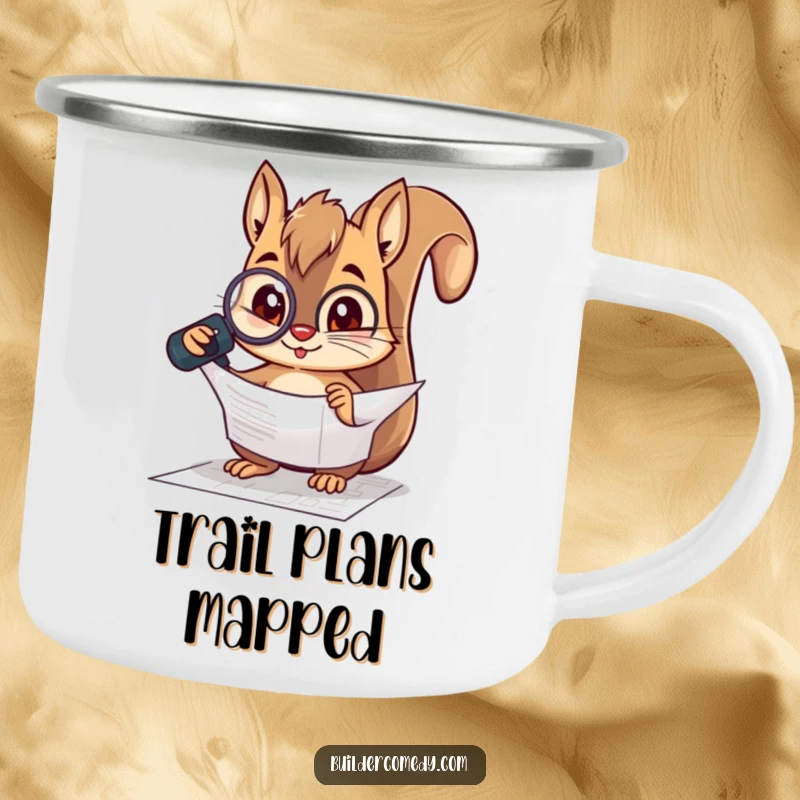 Funny squirrel character inspecting a blueprint with a magnifying glass on a rugged camping mug, perfect for outdoor planning.