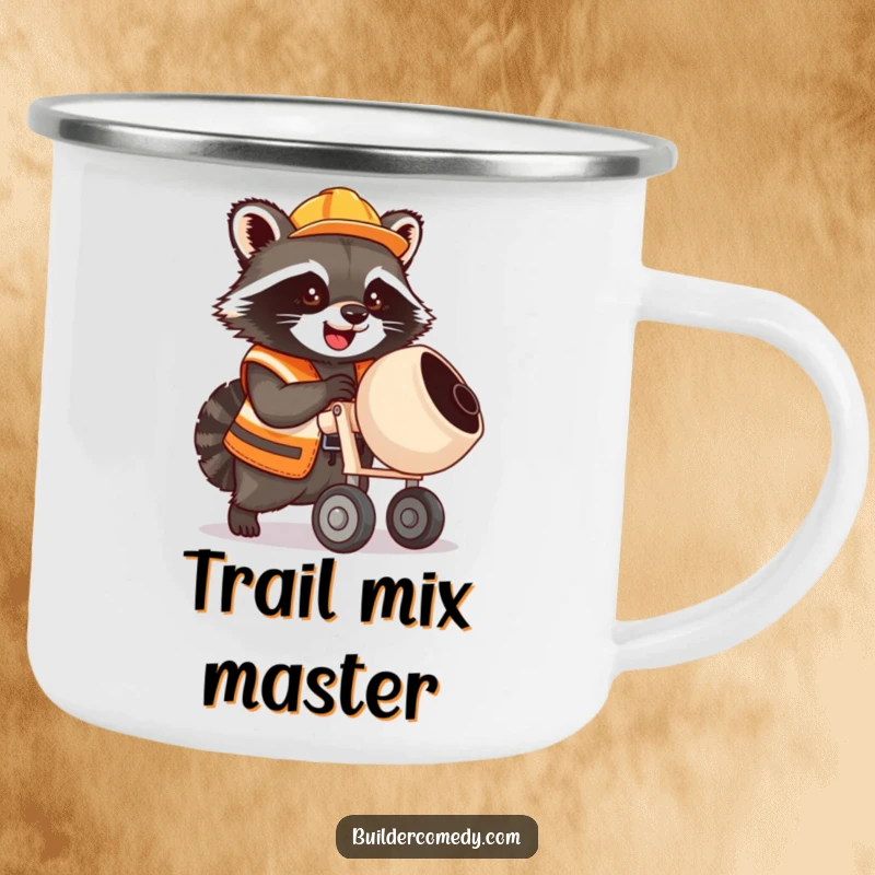 Cute raccoon with cement mixer, construction vest, suitable for camping mug.