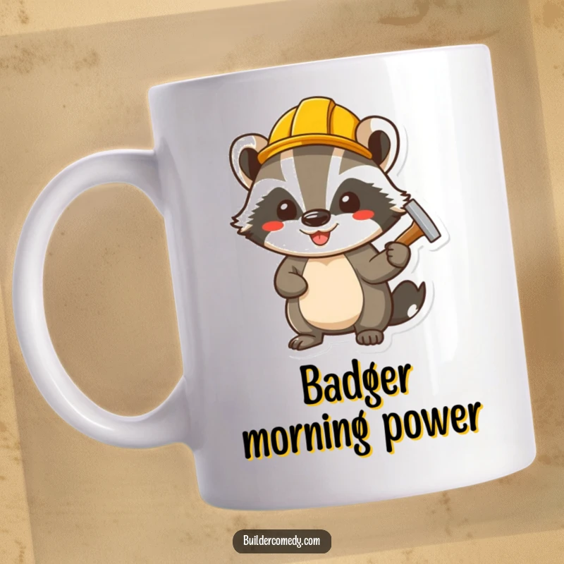 Funny cheerful badger wearing a tiny hard hat, diligently hammering a nail, symbolizing hard work and skill.