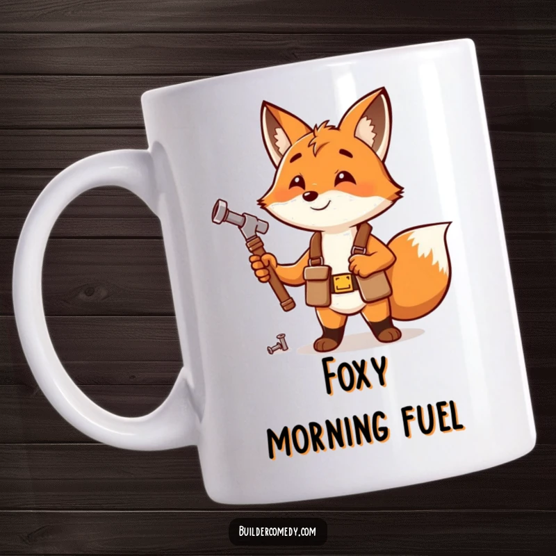 Enthusiastic fox wearing a tool belt, happily hammering a small nail on a mug.