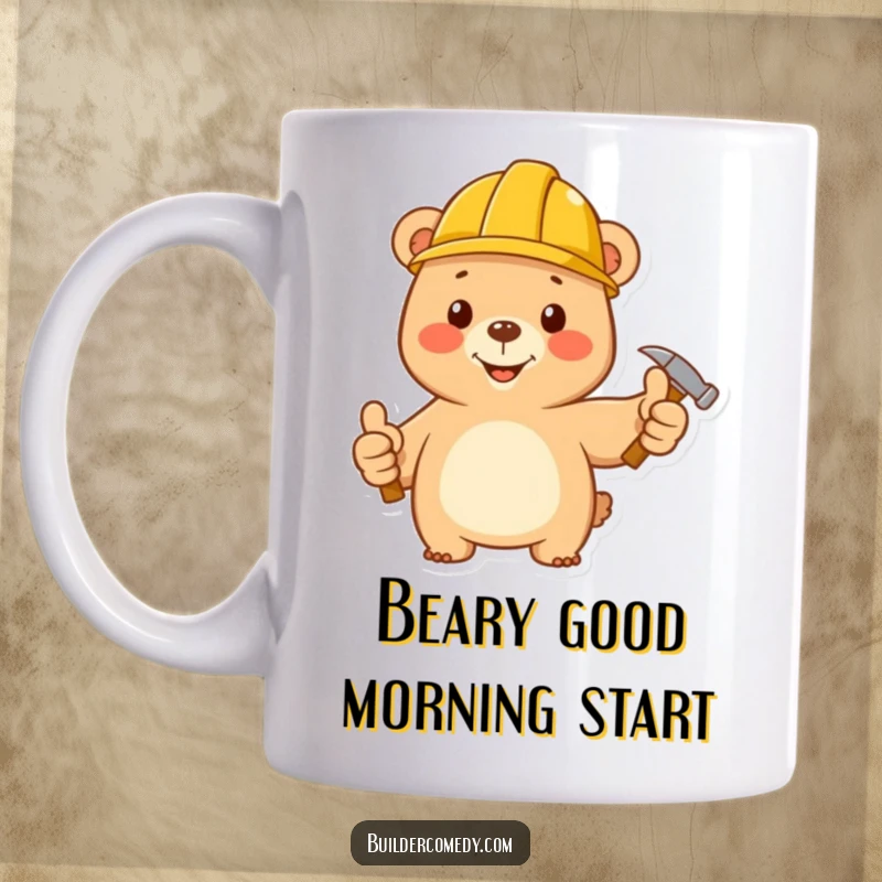 Funny bear in hard hat giving thumbs up, holding a tiny hammer, perfect for construction lovers.