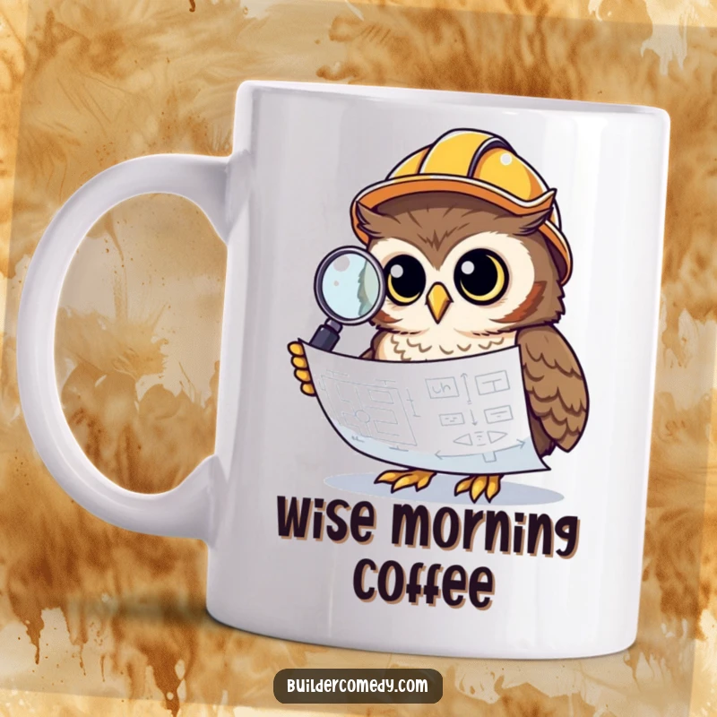 Curious owl in a construction helmet, inspecting a blueprint with a magnifying glass on a mug.