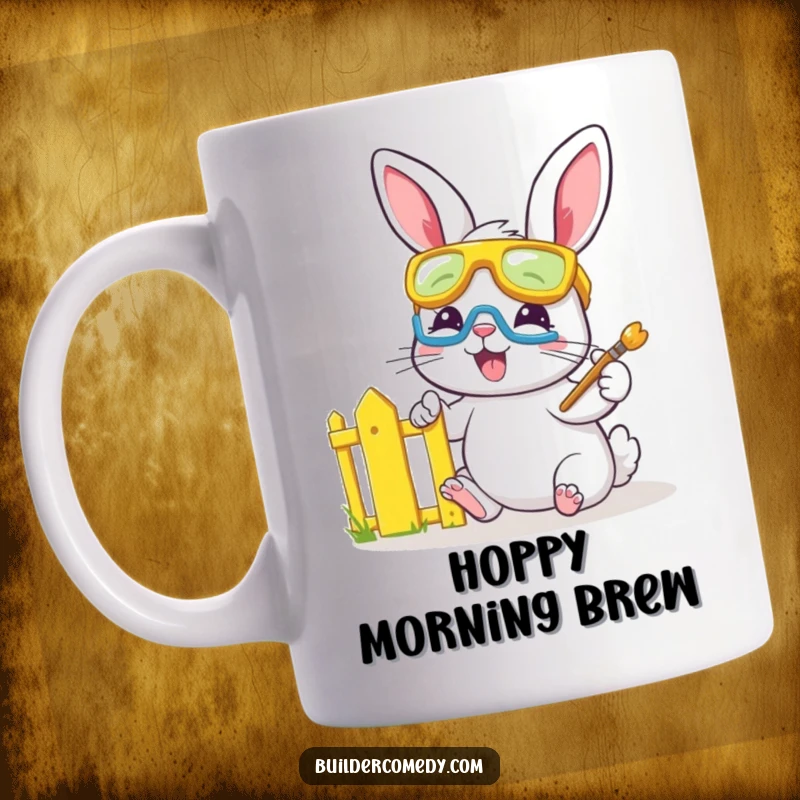Funny bunny wearing safety goggles, joyfully painting a tiny fence bright yellow on a mug.