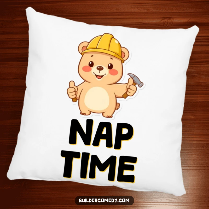 Funny bear construction worker giving thumbs up, soft pillow for home decor.