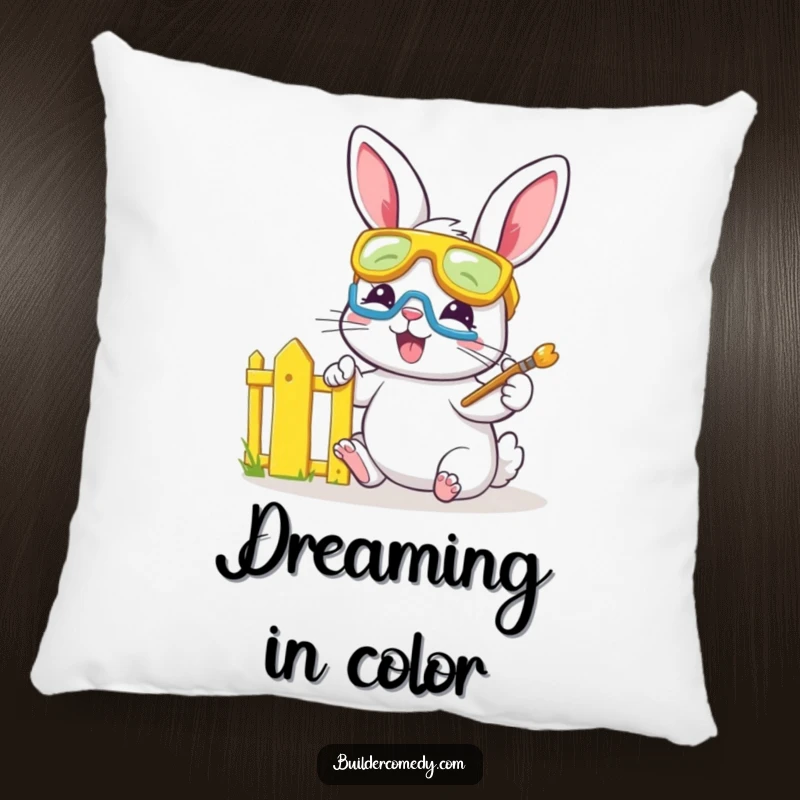 Funny bunny painting a fence, wearing safety goggles, soft pillow for home.