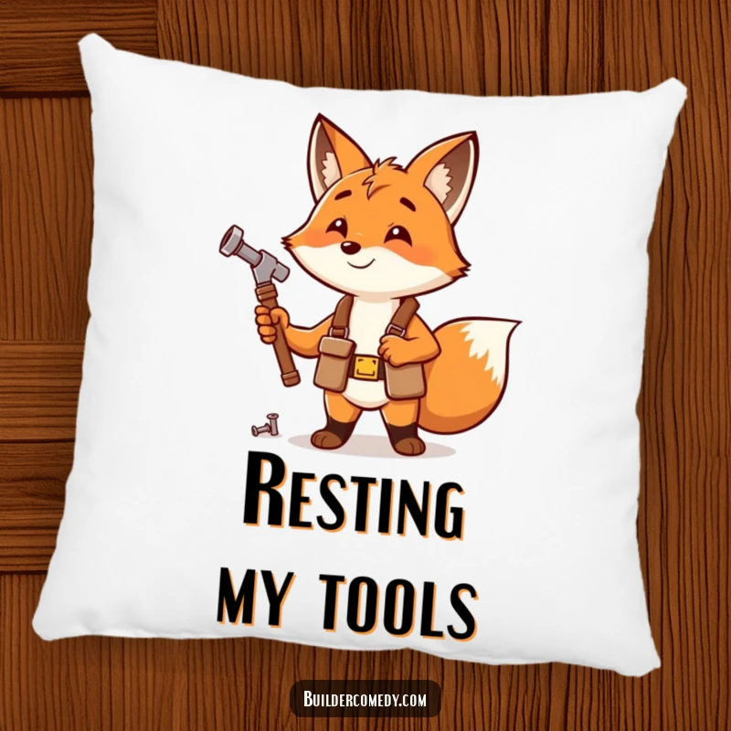 Funny fox hammering a nail, wearing a tool belt, cute and comfy pillow.