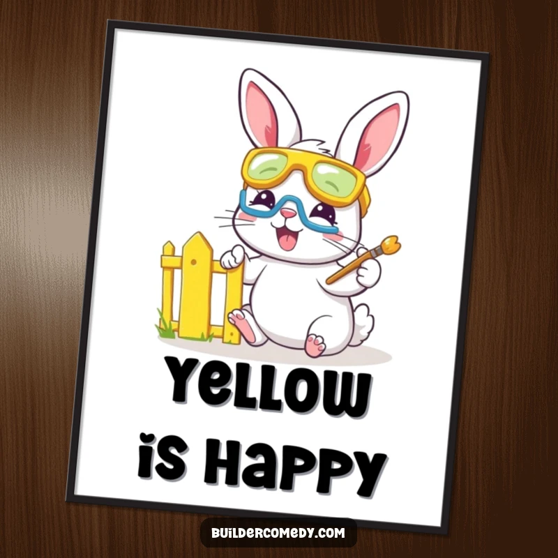 Playful bunny with goggles painting a fence bright yellow, printable digital art.