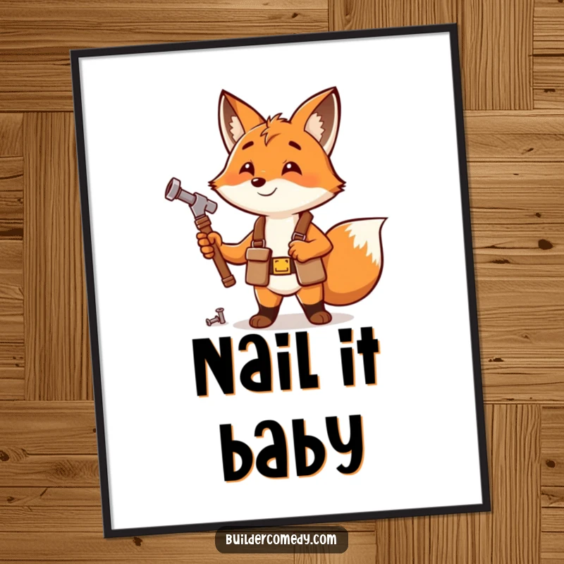 Enthusiastic fox hammering a nail, wearing tool belt, printable digital art.