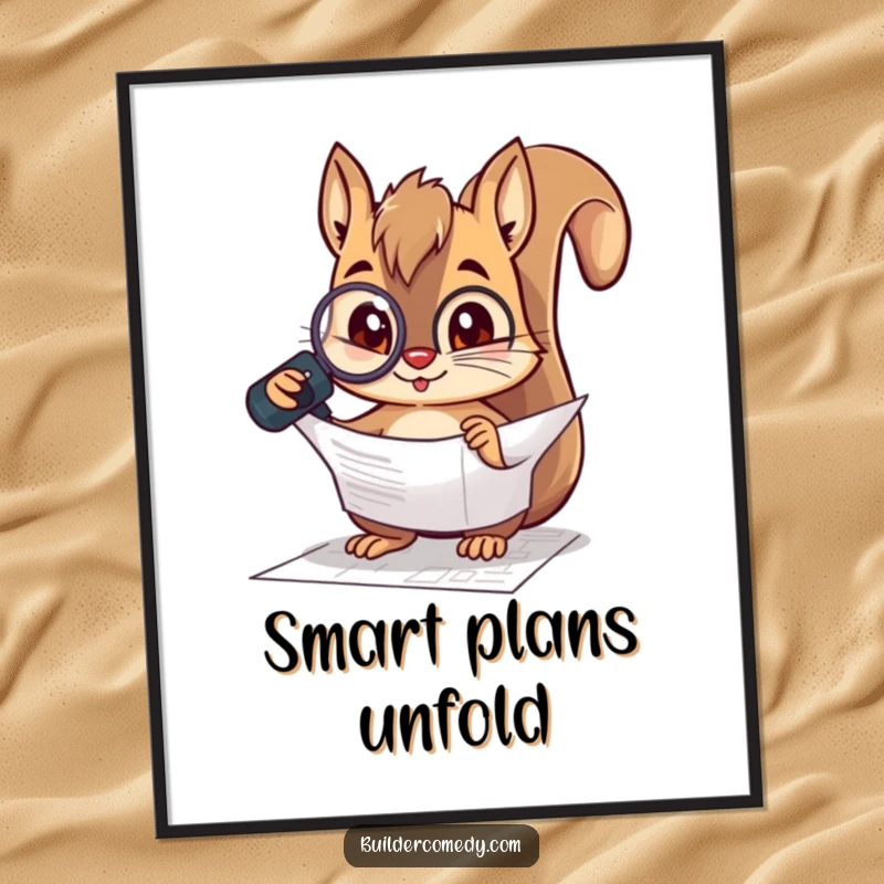 Funny squirrel character inspecting a blueprint with a magnifying glass as digital art, ready to print for offices.