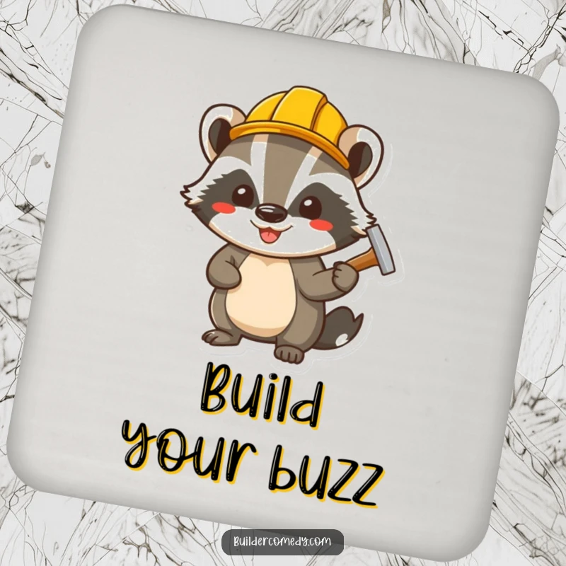 Funny cheerful badger wearing a small hard hat, hammering a nail, a set of protective drink coasters with humor.