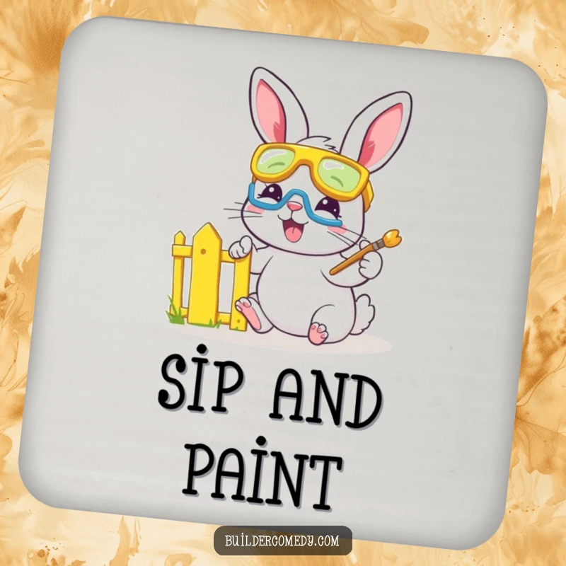 Funny bunny with goggles painting a fence, cute coaster for art lovers.