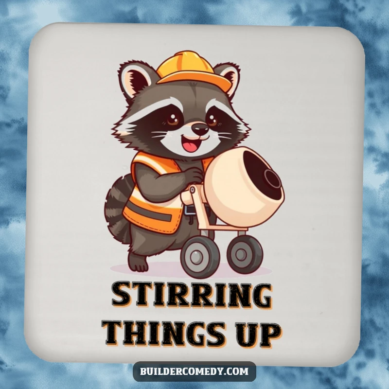 Funny raccoon operating a cement mixer, construction vest, decorative drink coaster.