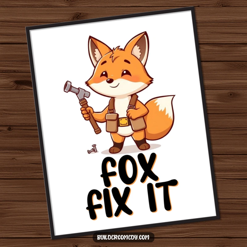 Enthusiastic fox hammering a small nail, wearing a tool belt, motivational poster art.