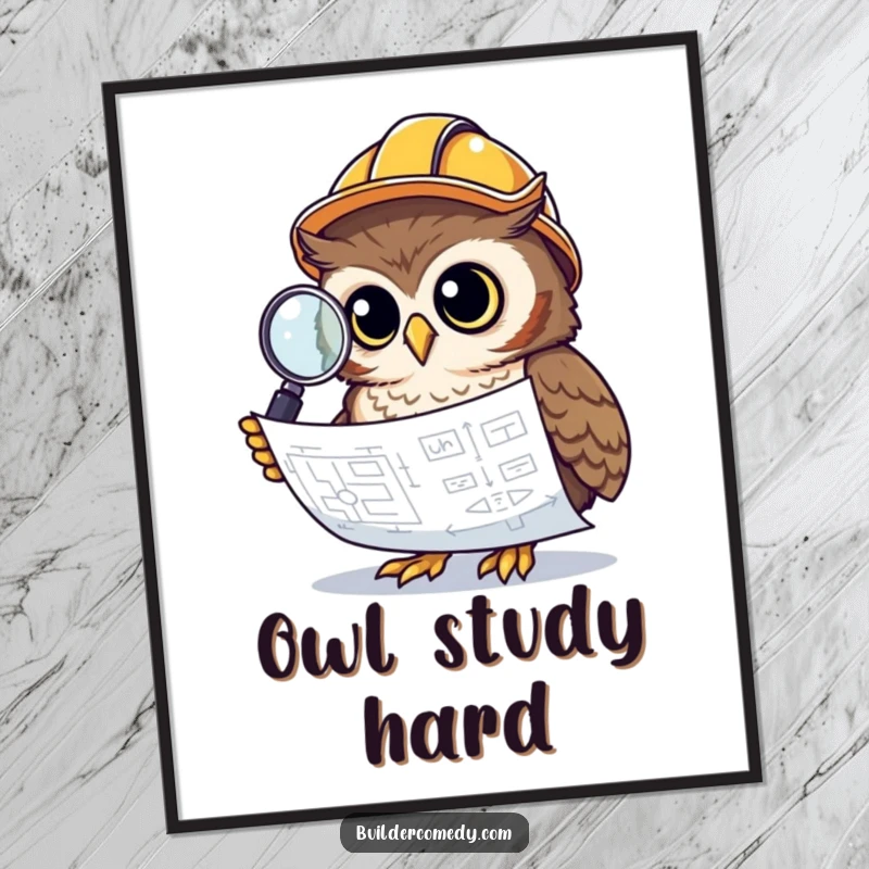 Curious owl inspecting a blueprint with a magnifying glass, construction helmet, poster art.