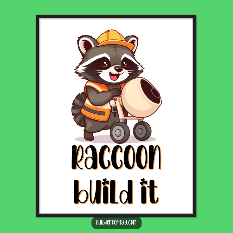 Funny Raccoon Cement Mixer Poster: Whimsical Construction Decor Gift