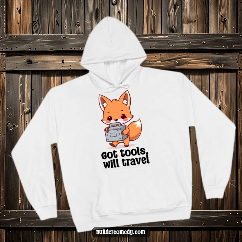 Funny fox character with a tiny, oversized toolbox on a cozy hoodie, conveying playful industriousness and humor.