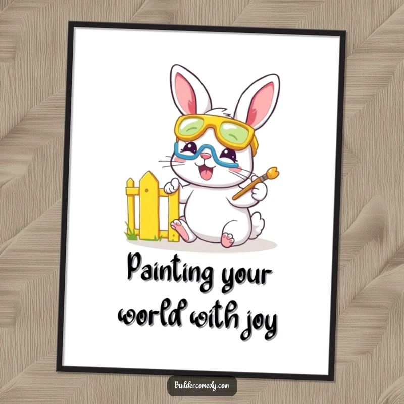 Funny Free Printable Wall Art: Bunny wearing safety goggles joyfully paints a tiny fence bright yellow, adding color and humor.