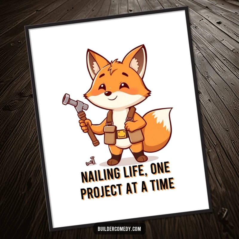 Funny Free Printable Wall Art: Fox in a tool belt happily hammering a small nail, symbolizing DIY skills and playful humor.