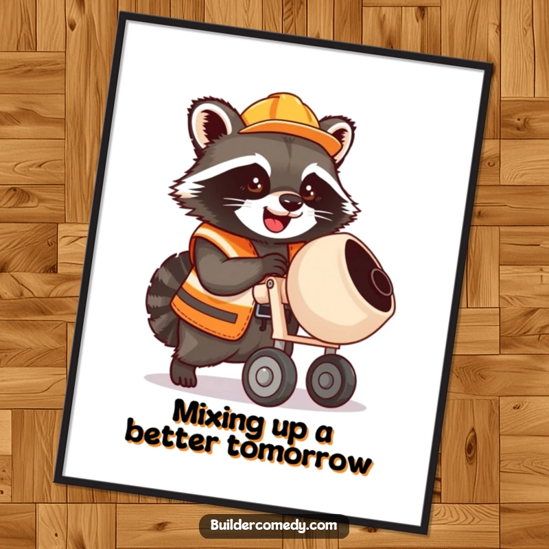 Funny Free Printable Wall Art: Raccoon in construction vest joyfully operating a tiny cement mixer, symbolizing creative DIY projects.