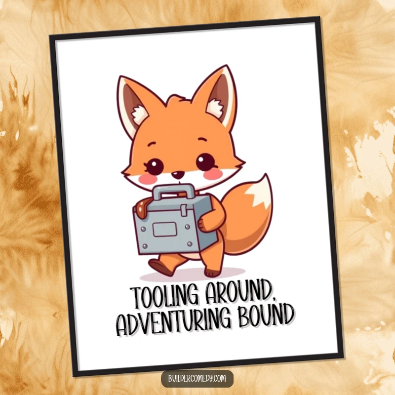 Funny Free Printable Fox Wall Art: A playful fox awkwardly carries a tiny, oversized toolbox, bringing whimsical charm to your decor.