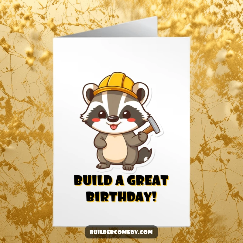 Funny free printable birthday card: a cheerful badger in a hard hat hammering a nail, celebrating a birthday build.