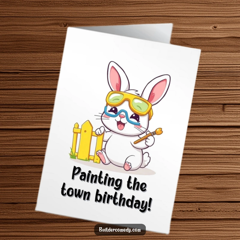 Funny Free Printable Birthday Card: Bunny in safety goggles gleefully paints a tiny fence bright yellow, spreading birthday cheer.