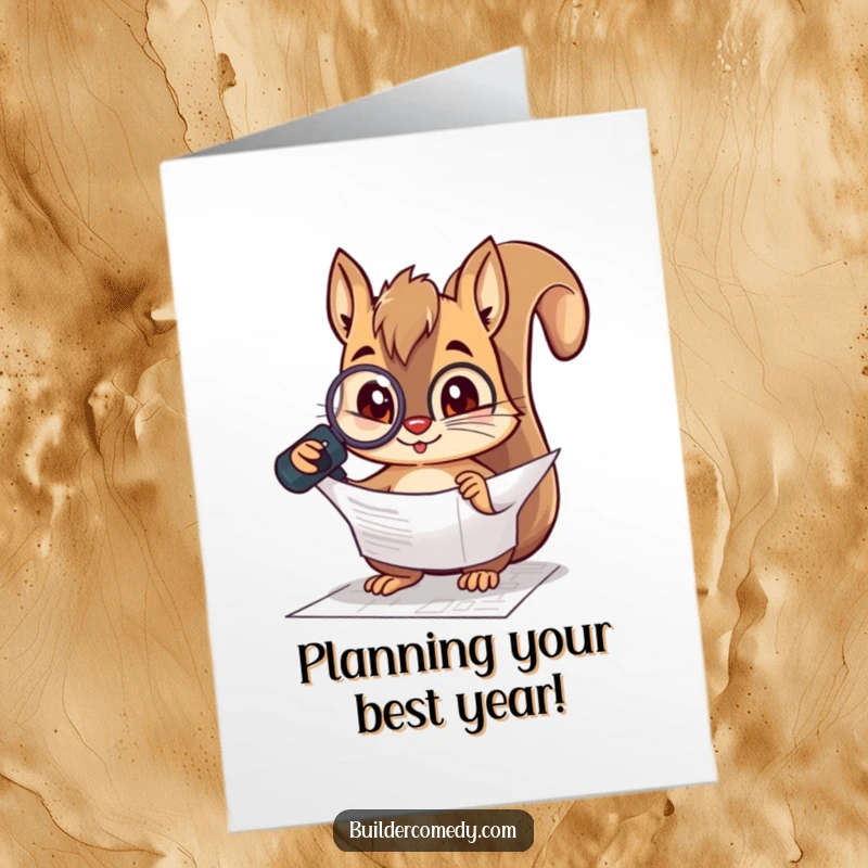 Funny Free Printable Squirrel Birthday Card: A curious squirrel intensely inspects a blueprint with a magnifying glass, celebrating genius.