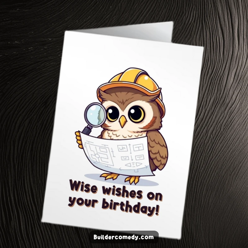 Funny Free Printable Birthday Card: Owl in hard hat inspects blueprint with magnifying glass, planning a wise birthday surprise.