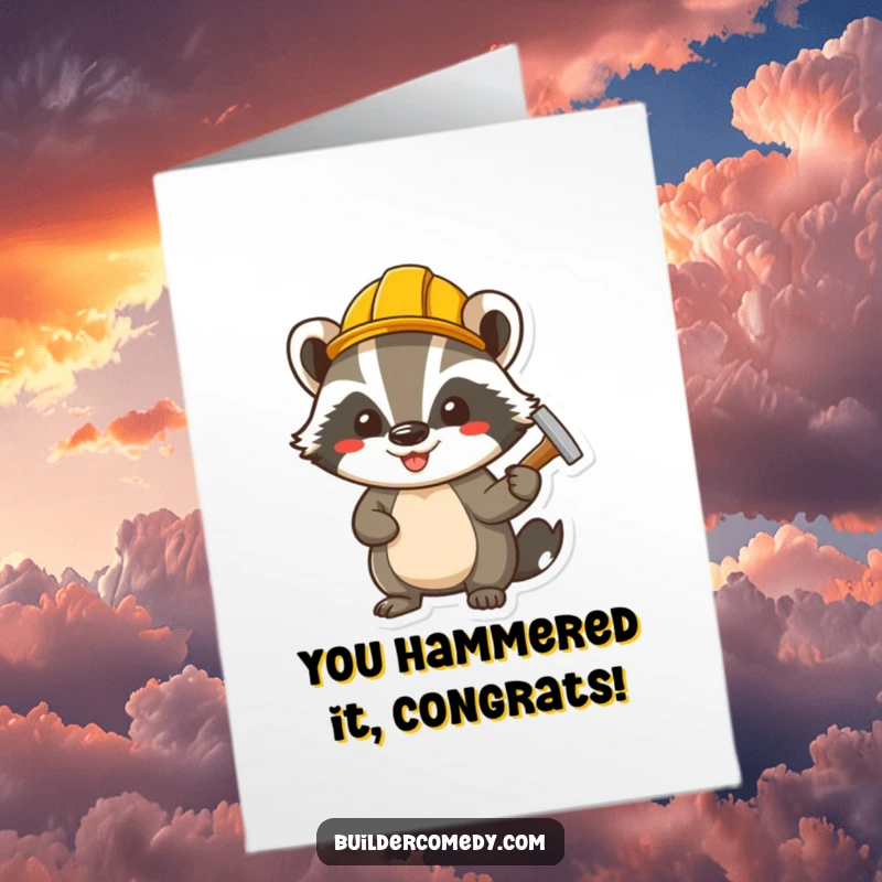Funny free printable congratulations card: a happy badger in a hard hat hammering a nail, signifying a successfully completed task.