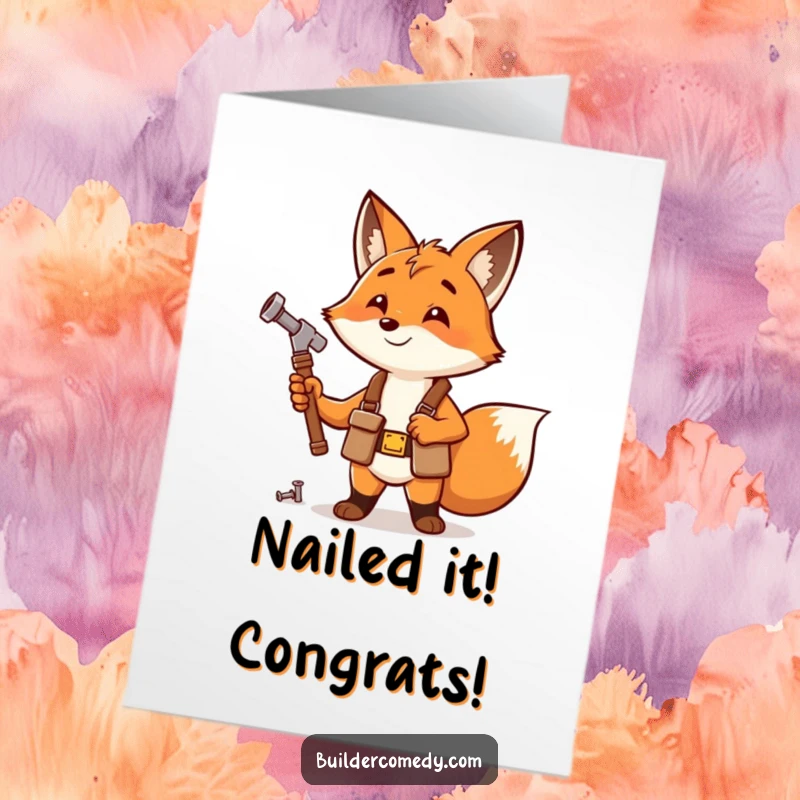 Funny Free Printable Congratulations Card: Fox in tool belt happily hammers a nail, celebrating a perfectly executed success.