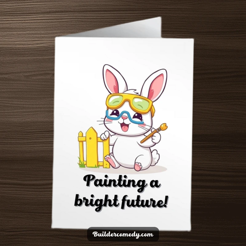 Funny Free Printable Congratulations Card: Bunny with goggles joyfully paints a fence, symbolizing vibrant success and new beginnings.