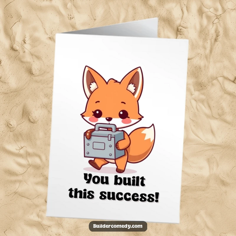Funny Free Printable Fox Congratulations Card: A playful fox struggles to carry a tiny, oversized toolbox, celebrating your win.