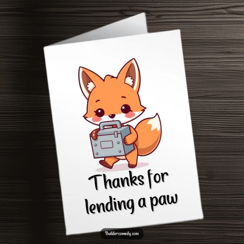 Funny Free Printable Fox Thank You Card: A playful fox carries a tiny, oversized toolbox, saying thanks in a big way.