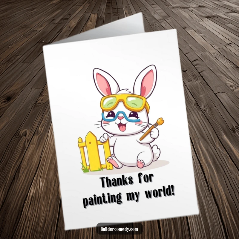 Funny Free Printable Thank You Card: Bunny in safety goggles joyfully paints a fence yellow, sending a colorful thank you.