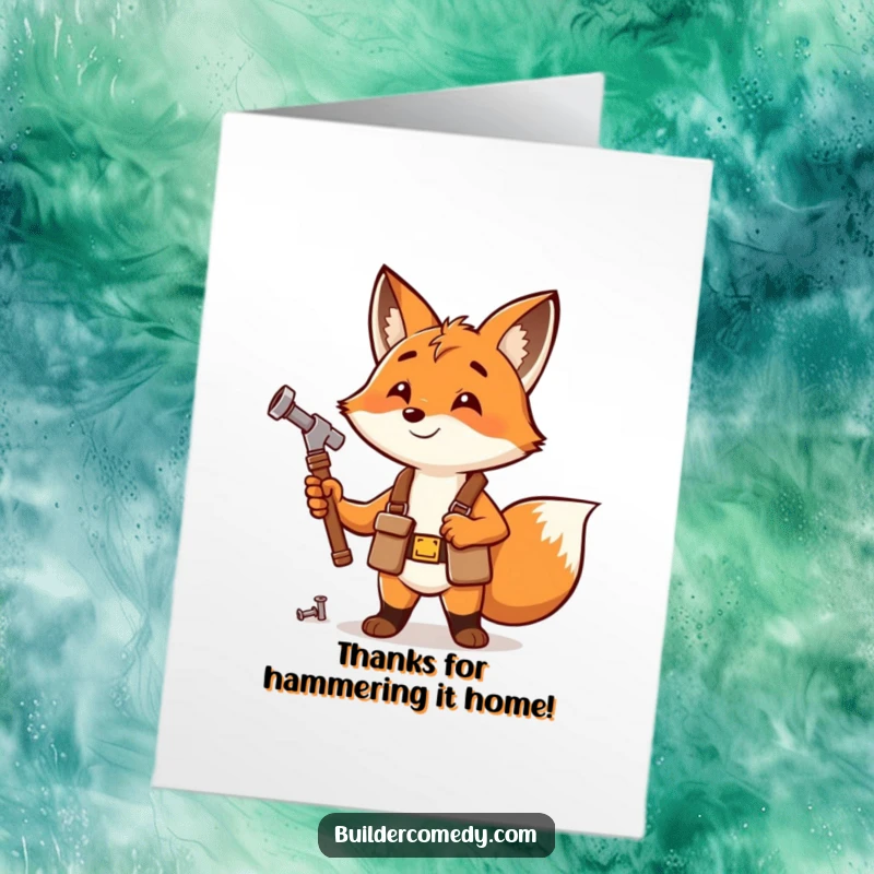 Funny Free Printable Thank You Card: Fox wearing a tool belt happily hammers a small nail, sending thanks with a grin.