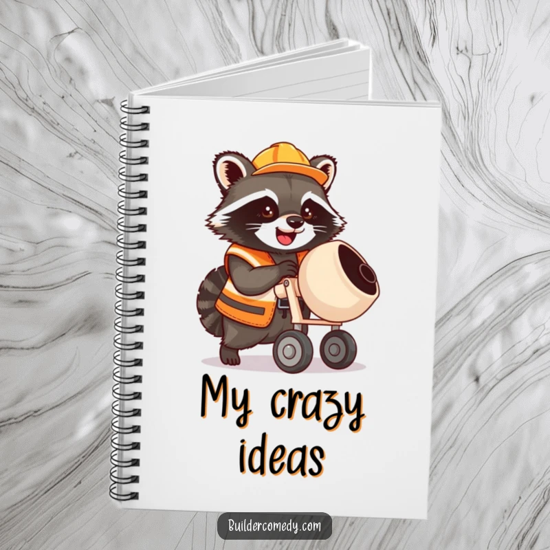 Funny raccoon operating a cement mixer on a notebook cover, construction theme.