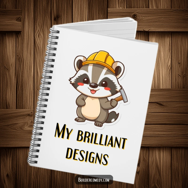 Funny cheerful badger wearing a small hard hat, hammering a nail, a lined notebook for jotting ideas with humor.