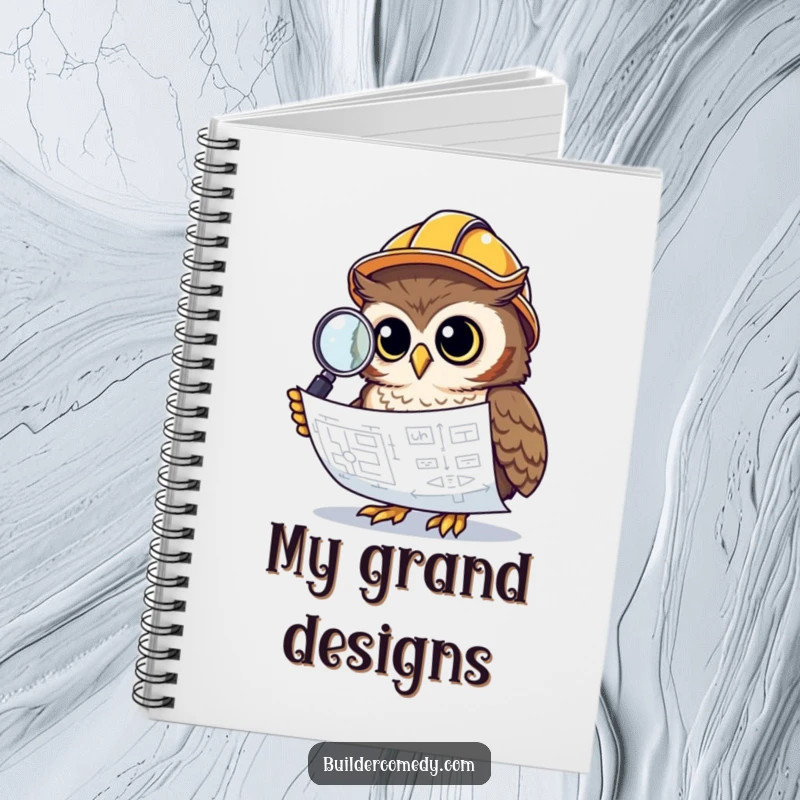Funny owl with construction helmet and magnifying glass on a notebook cover.