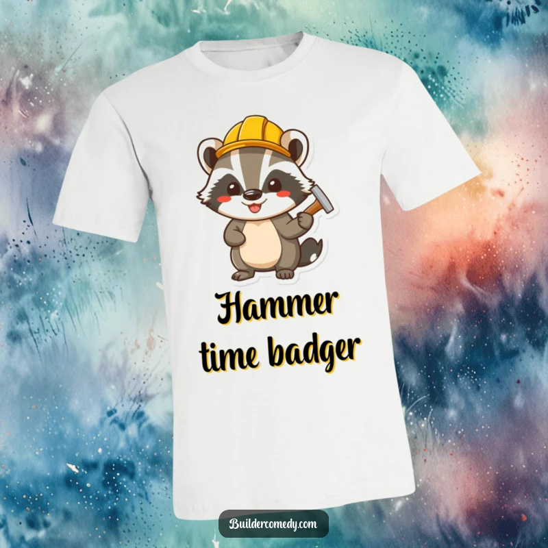 Funny cheerful badger wearing a small hard hat, hammering a nail, ideal for a DIY enthusiast's t-shirt.