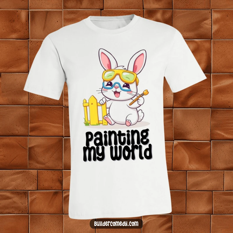 Playful bunny with safety goggles, joyfully painting a tiny fence bright yellow, on a t-shirt.