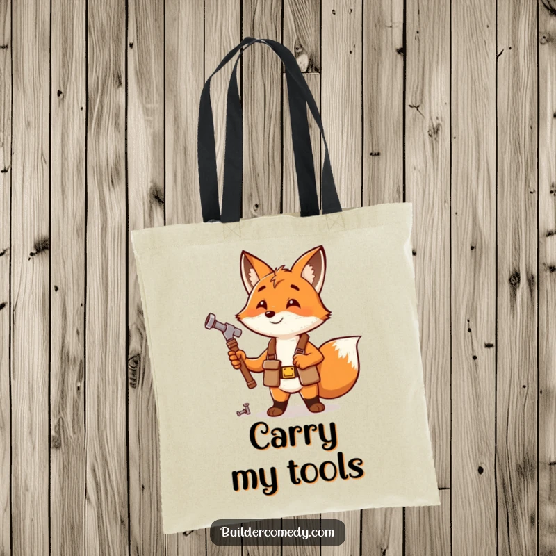 Enthusiastic fox with tool belt and hammer, cute tote bag for DIY enthusiasts.