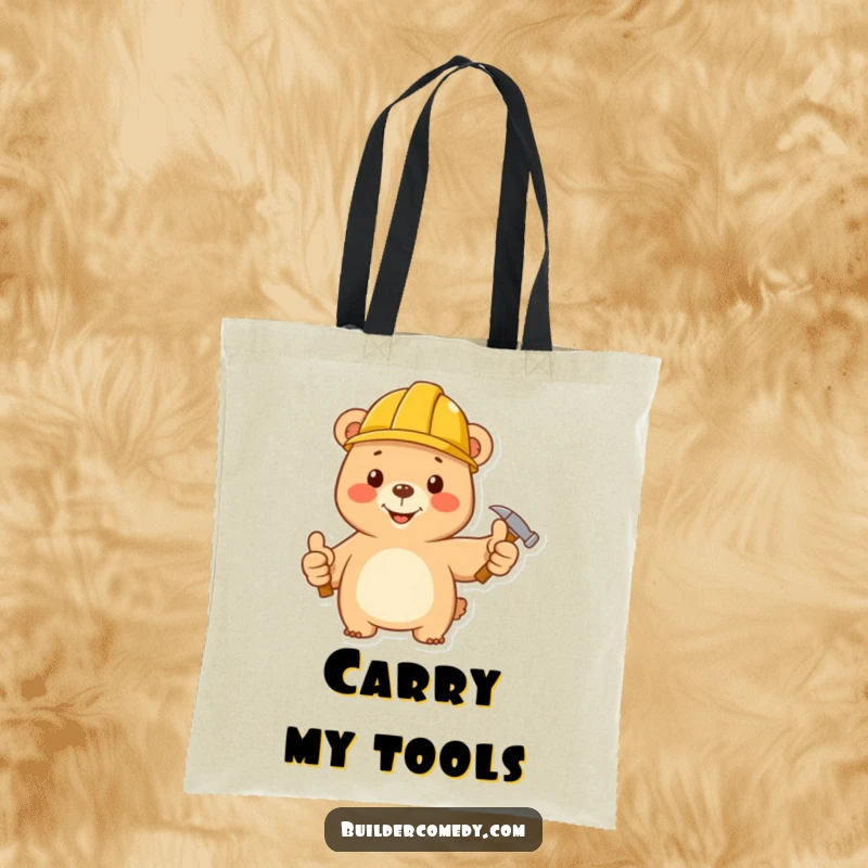 Funny bear with hard hat, hammer, and thumbs up design on a durable tote bag.